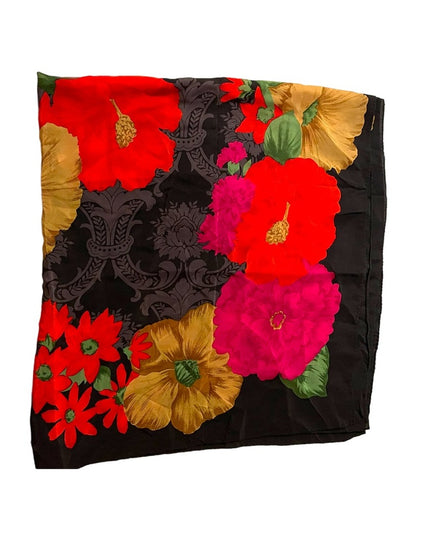 Vintage 1990s Lovely flower Liz Claiborne SILK large scarf black red pink