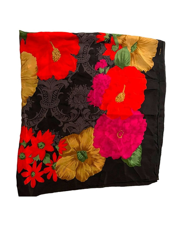 Vintage 1990s Lovely flower Liz Claiborne SILK large scarf black red pink