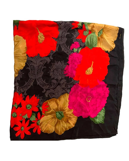 Vintage 1990s Lovely flower Liz Claiborne SILK large scarf black red pink