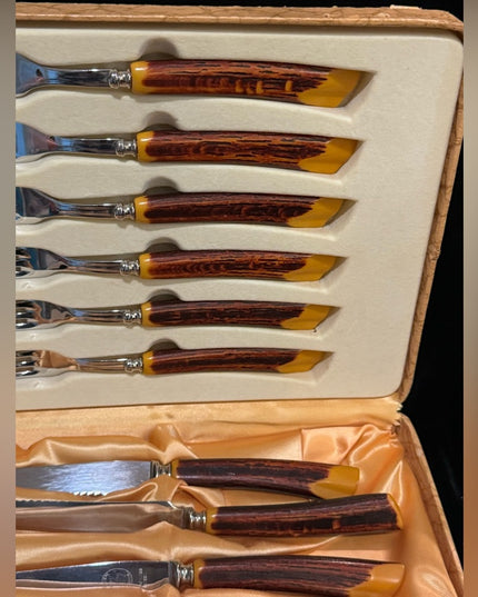 Vintage 1950s Glow Hill Bakelite handle Forks & Knife NIB Not used Vg cutlery