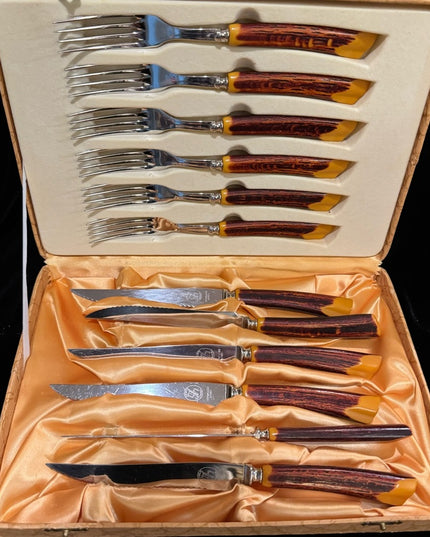 Vintage 1950s Glow Hill Bakelite handle Forks & Knife NIB Not used Vg cutlery