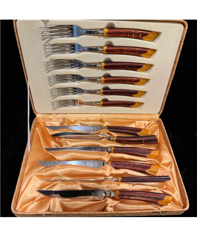 Vintage 1950s Glow Hill Bakelite handle Forks & Knife NIB Not used Vg cutlery