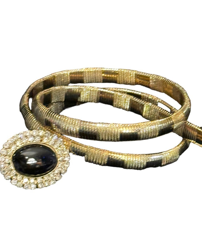 Lovely Vintage Quality gold textured belt black clear crystal glass 30” Vg cond