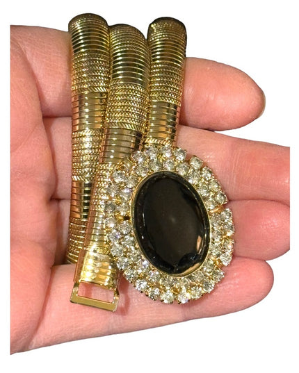 Lovely Vintage Quality gold textured belt black clear crystal glass 30” Vg cond