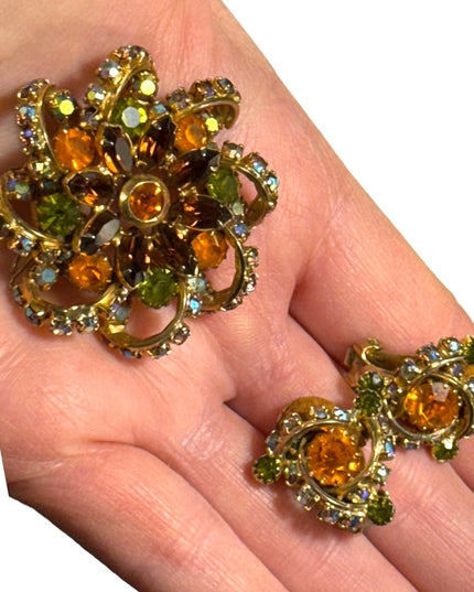 Vintage Continental crystal SET brooch & Clipmon earrings