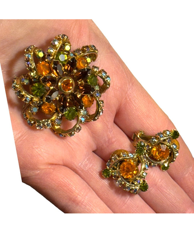 Vintage Continental crystal SET brooch & Clipmon earrings