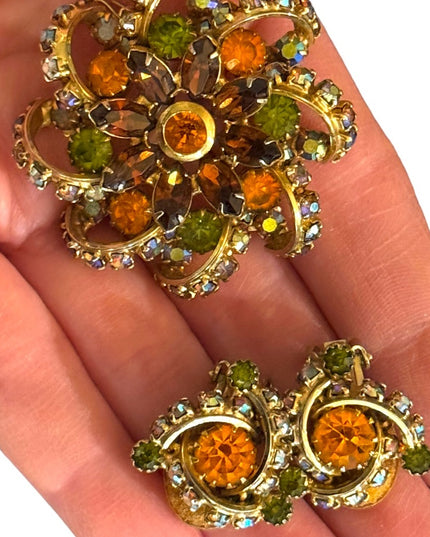 Vintage Continental crystal SET brooch & Clipmon earrings