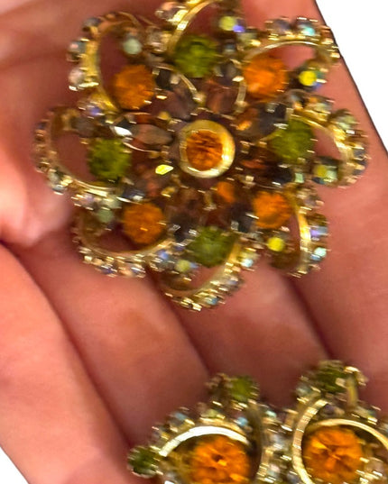 Vintage Continental crystal SET brooch & Clipmon earrings