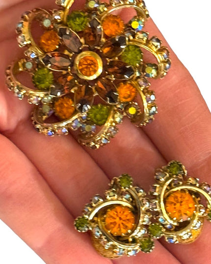 Vintage Continental crystal SET brooch & Clipmon earrings