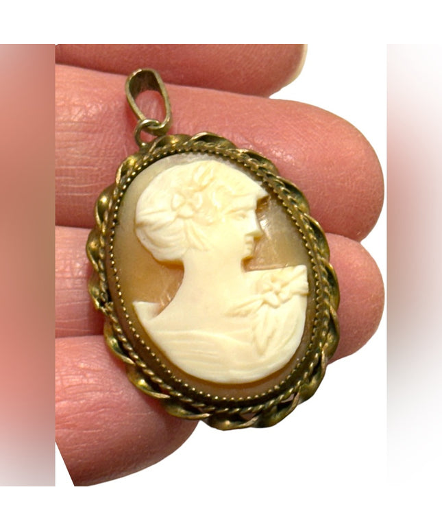 Vintage Brass carved shell Cameo pendant