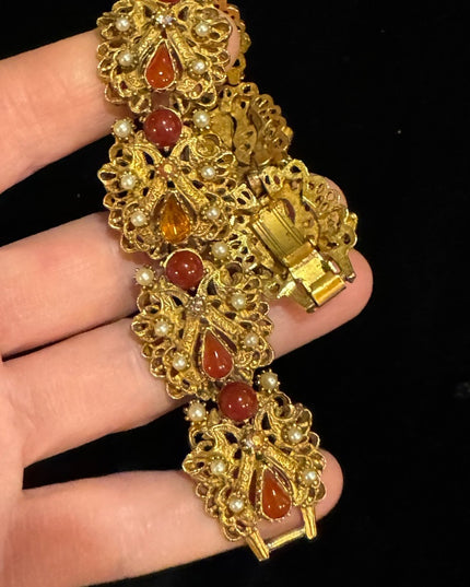 Vintage Florenza Italy Fancy Victorian Revival  link bracelet glass crystal