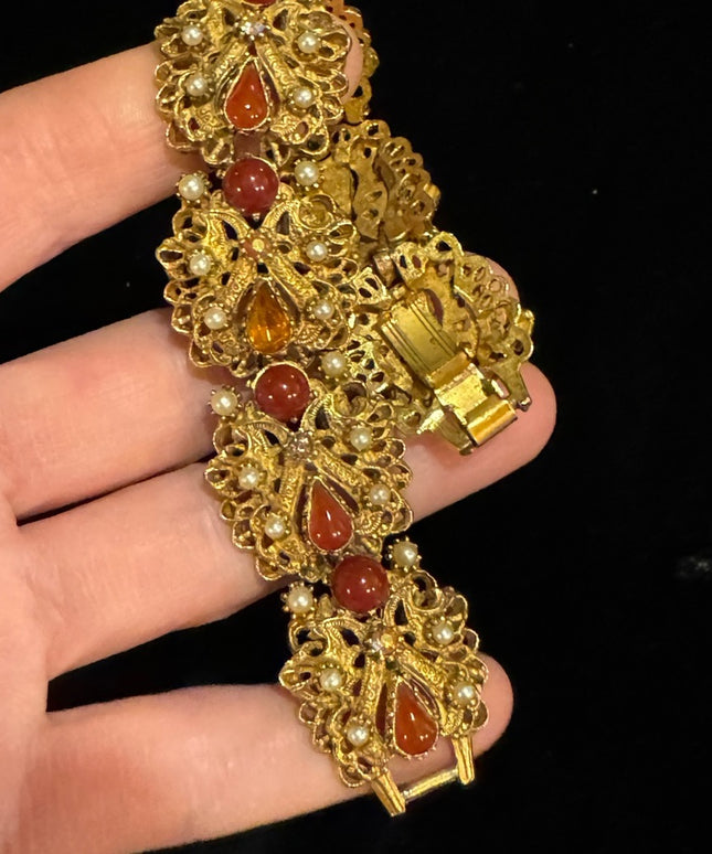 Vintage Florenza Italy Fancy Victorian Revival  link bracelet glass crystal