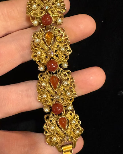 Vintage Florenza Italy Fancy Victorian Revival  link bracelet glass crystal