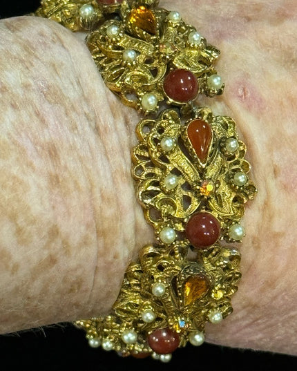 Vintage Florenza Italy Fancy Victorian Revival  link bracelet glass crystal