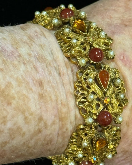 Vintage Florenza Italy Fancy Victorian Revival  link bracelet glass crystal