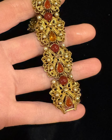 Vintage Florenza Italy Fancy Victorian Revival  link bracelet glass crystal