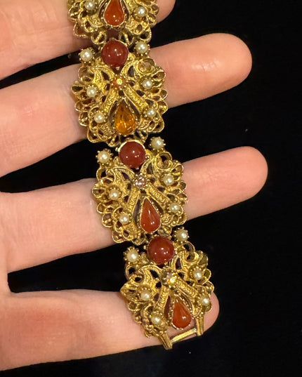 Vintage Florenza Italy Fancy Victorian Revival  link bracelet glass crystal