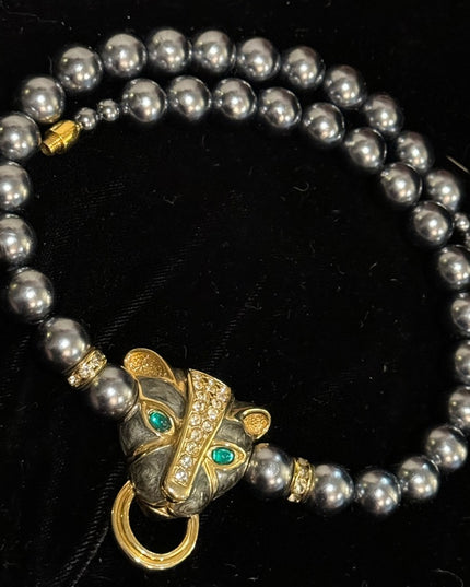 Vintage KJL Faux Grey Pearl crystal enameled panther necklace & earrings Set