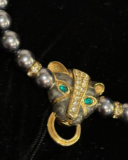 Vintage KJL Faux Grey Pearl crystal enameled panther necklace & earrings Set