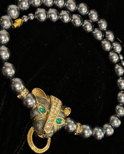 Vintage KJL Faux Grey Pearl crystal enameled panther necklace & earrings Set
