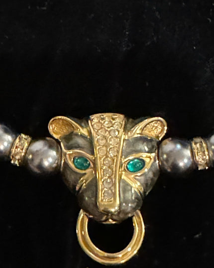 Vintage KJL Faux Grey Pearl crystal enameled panther necklace & earrings Set