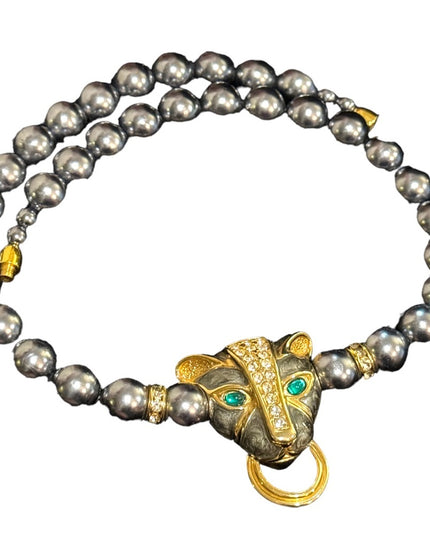Vintage KJL Faux Grey Pearl crystal enameled panther necklace & earrings Set