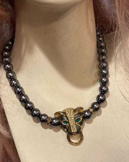 Vintage KJL Faux Grey Pearl crystal enameled panther necklace & earrings Set