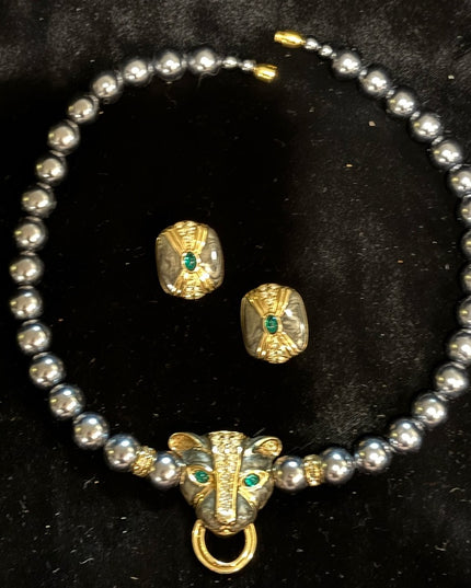 Vintage KJL Faux Grey Pearl crystal enameled panther necklace & earrings Set