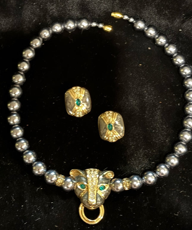 Vintage KJL Faux Grey Pearl crystal enameled panther necklace & earrings Set