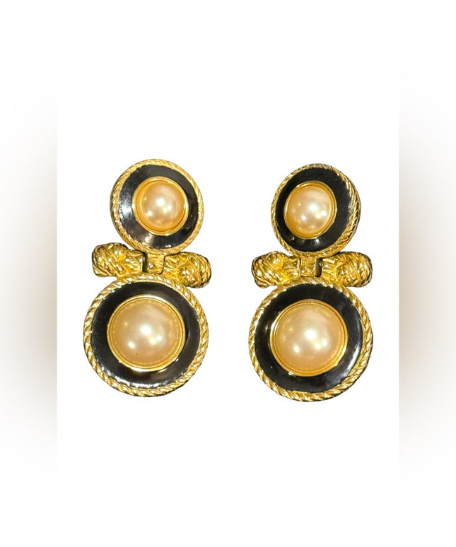 Vintage Richelieu faix pearl dangle black enamel textured gold finish earrings