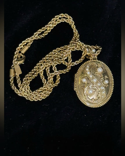 1928 Gold finish fancy Victorian Revival large locket 30” necklace