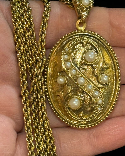 1928 Gold finish fancy Victorian Revival large locket 30” necklace