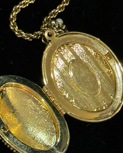 1928 Gold finish fancy Victorian Revival large locket 30” necklace