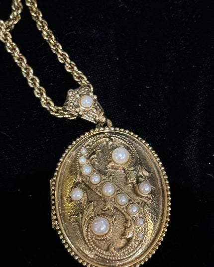 1928 Gold finish fancy Victorian Revival large locket 30” necklace