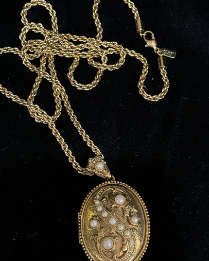 1928 Gold finish fancy Victorian Revival large locket 30” necklace