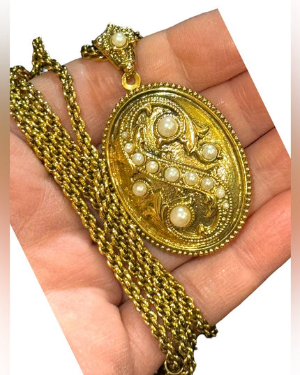 1928 Gold finish fancy Victorian Revival large locket 30” necklace