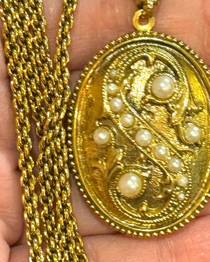 1928 Gold finish fancy Victorian Revival large locket 30” necklace