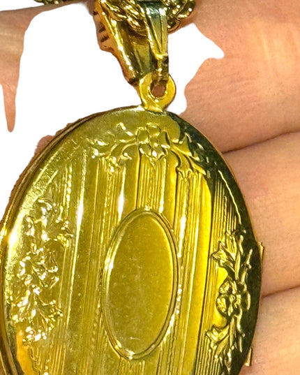 1928 Gold finish fancy Victorian Revival large locket 30” necklace