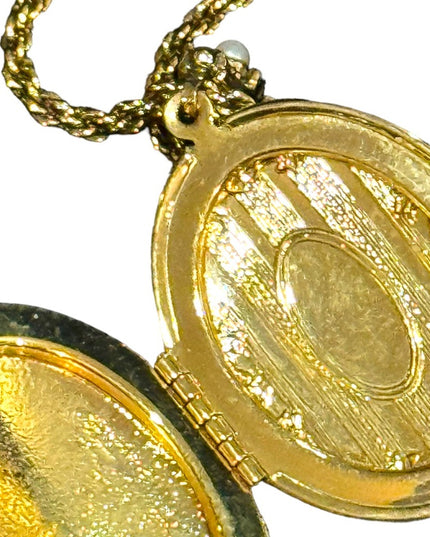 1928 Gold finish fancy Victorian Revival large locket 30” necklace