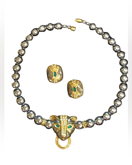 Vintage KJL Faux Grey Pearl crystal enameled panther necklace & earrings Set