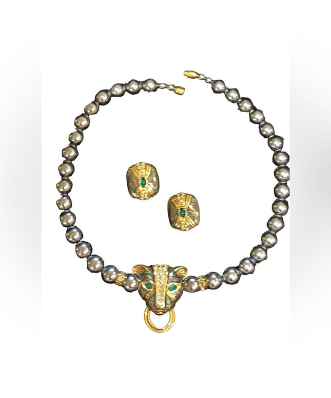 Vintage KJL Faux Grey Pearl crystal enameled panther necklace & earrings Set