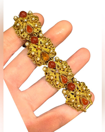 Vintage Florenza Italy Fancy Victorian Revival  link bracelet glass crystal