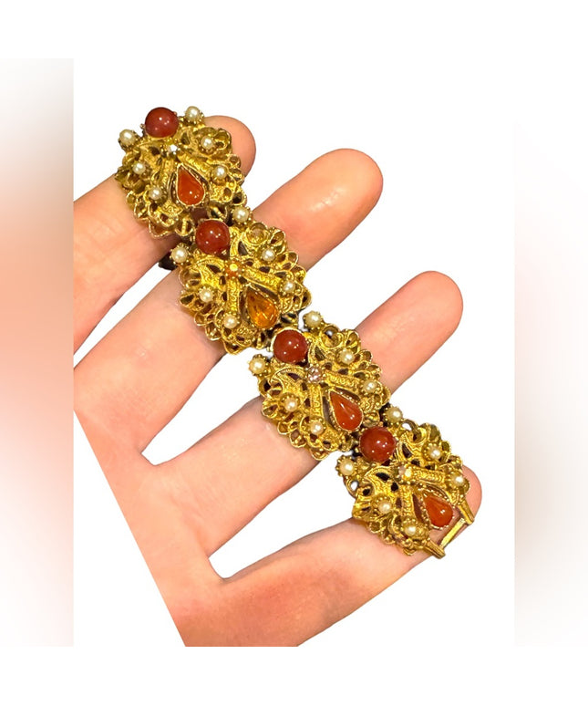 Vintage Florenza Italy Fancy Victorian Revival  link bracelet glass crystal