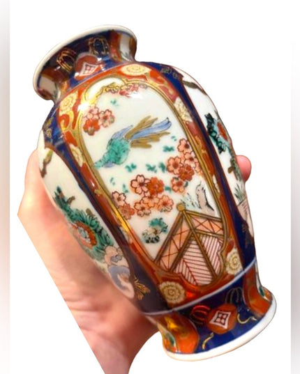 Vintage GOLD IMARI Japan hand painted ceramic vase birds flowers