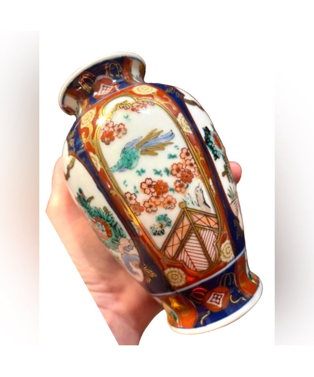 Vintage GOLD IMARI Japan hand painted ceramic vase birds flowers
