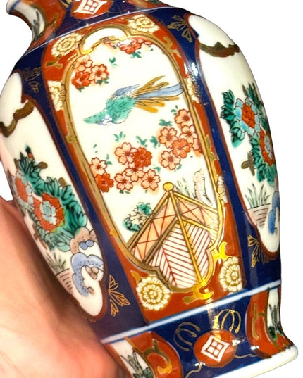 Vintage GOLD IMARI Japan hand painted ceramic vase birds flowers