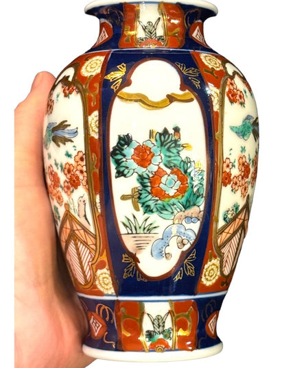 Vintage GOLD IMARI Japan hand painted ceramic vase birds flowers