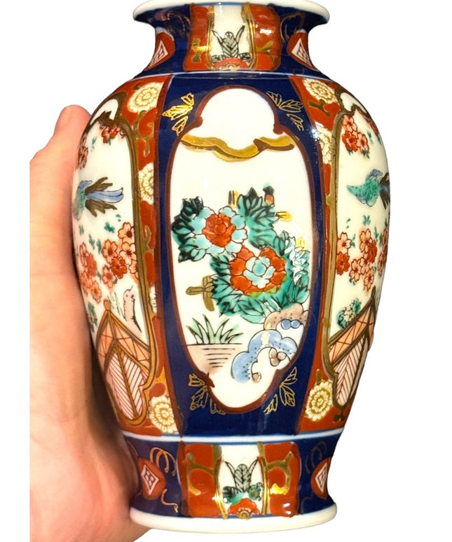 Vintage GOLD IMARI Japan hand painted ceramic vase birds flowers
