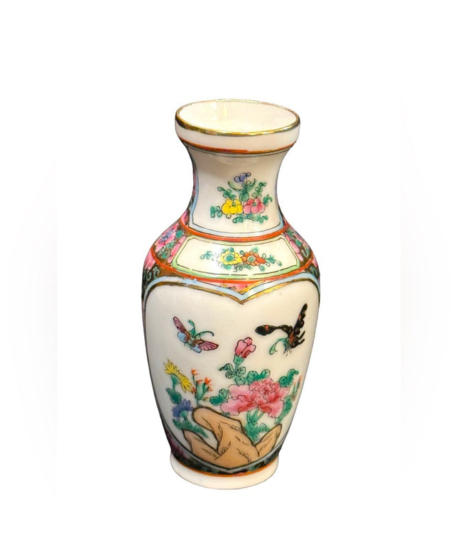 Vintage Chinese Stamped miniature vase birds painted ceramic