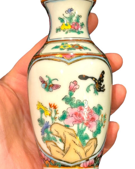Vintage Chinese Stamped miniature vase birds painted ceramic